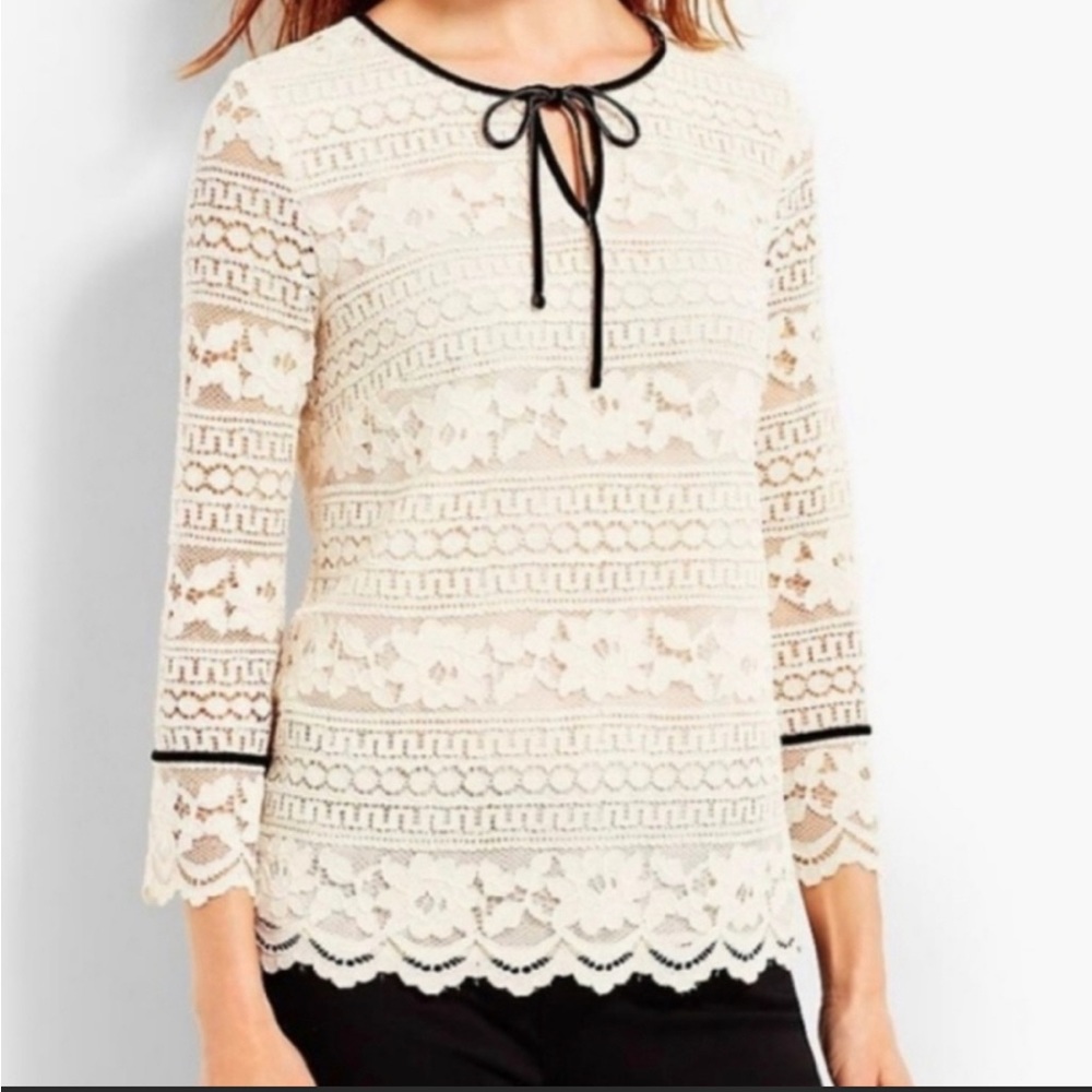 TALBOTS PETITE Cream lace boho blouse ~ black felt trim ~ wore 1 time! NEW! 🆕